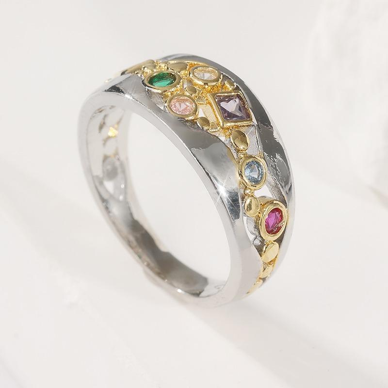 Vintage Two Color Inlaid Multicolored CZ Women's Ring Geometry Hollow Daily Wear Party Jewelry