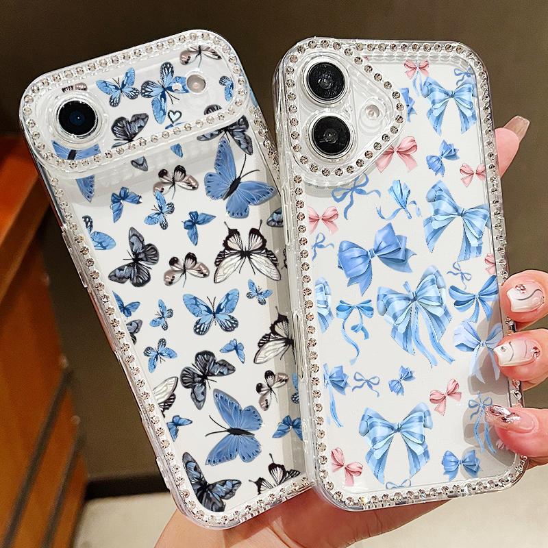 Butterfly Printing Bling Diamond Case For iPhone 17 Air 16e 16 14 15 13 17 Pro Max 15 16 Plus 17 Soft TPU Silicone Phone Cover