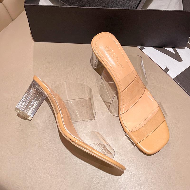 High Heels Sandals Women's Summer New Fashion Transparent Middle Heel Fashion Thick Heel Outer Slippers
