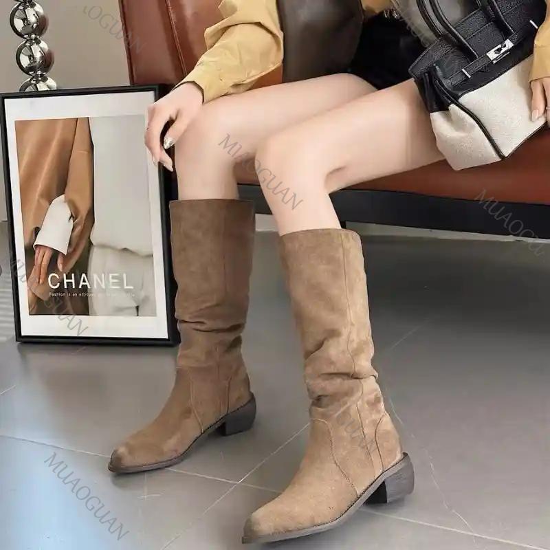 Fashion Women's Boots Stacked Pleated Temperament Middle Heeled Women Shoe Fashion Autumn Solid Color Long Tube Female High Knight Botas