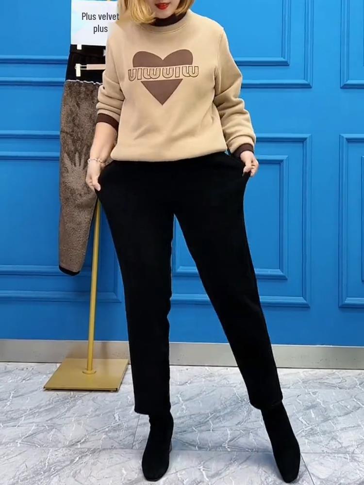 2024 Autumn/Winter Chenille Fleece-Lined Elastic Waist Straight-Leg Pants for Middle-Aged & Elderly Women