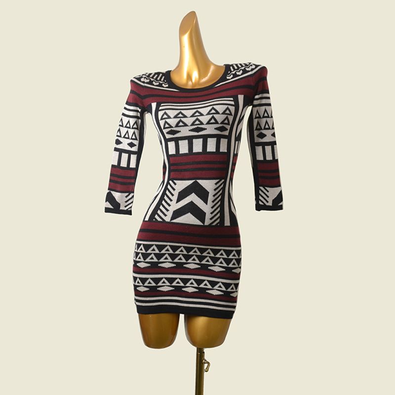 

American Fashion Brand Tribal Totem Embroider Jacquard Bodycon Dress Foreign Trade Original Order Sexy Half Sleeve Base Dress Red S