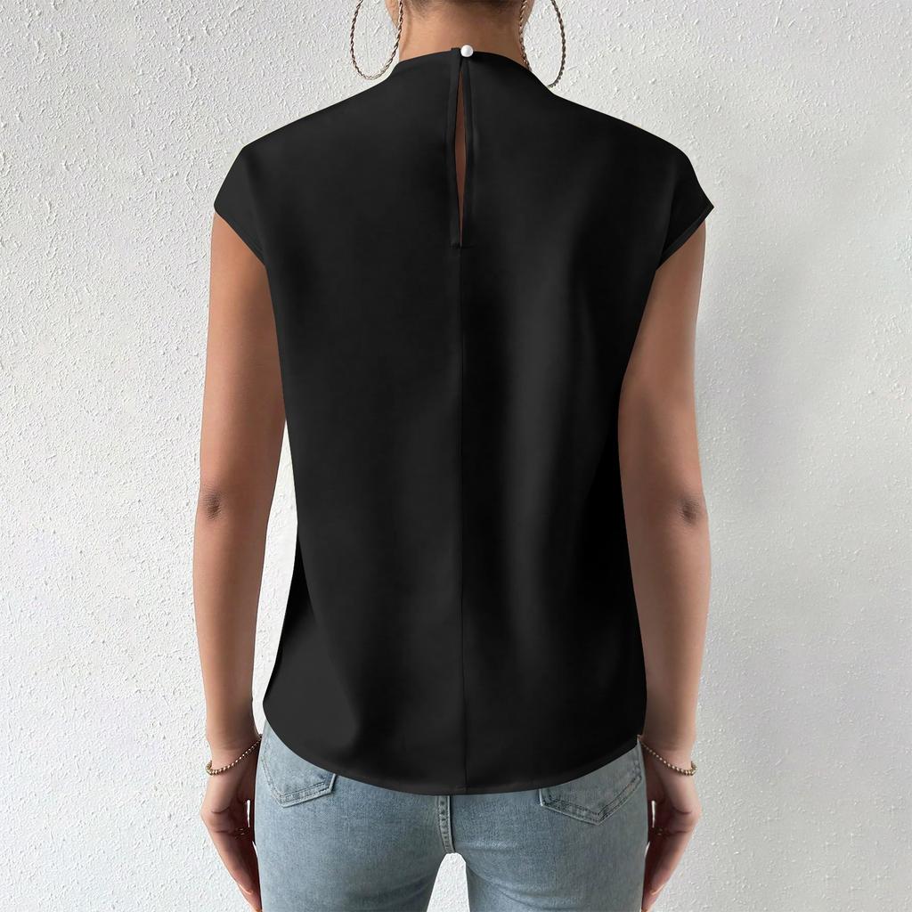 Women's Casual Elegant Satin Pleated Round Neck Shirt Solid Color Pullover Sleeveless Formal Work Shirt Top