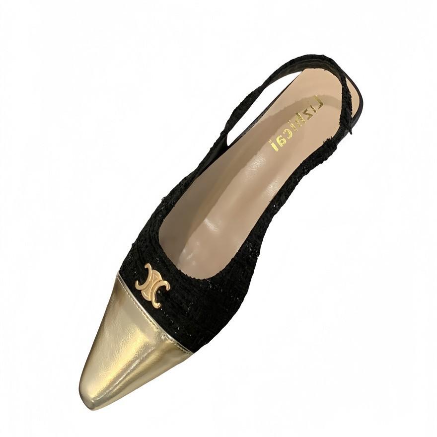 High heel square head small fragrant wind black gold single shoes women's shoes spring 2025 new temperament French style with skirt ladyshoes