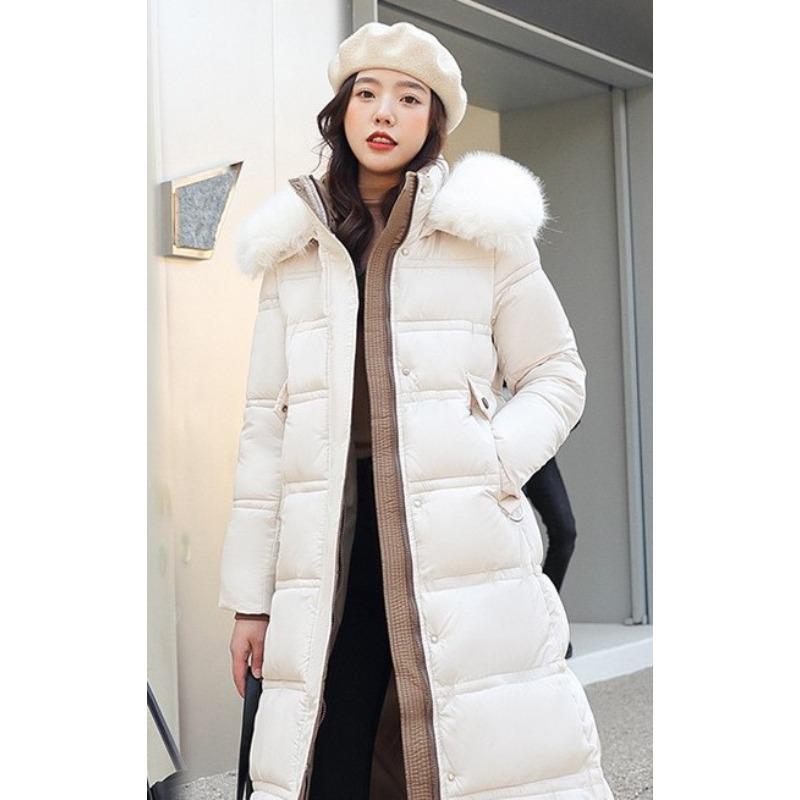 Winter Down Cotton Parkas Jacket Women's X-Long Faux Fur Collar Padded Jacket Thick Loose Large Size Padded Jacket