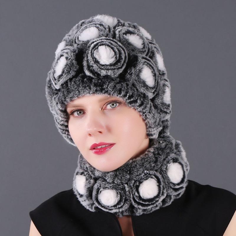 Rex Rabbit Rose Hat and Flower Scarf Set Specializing in the production of Rex Rabbit Scarf Hat Two-piece Adult Hat