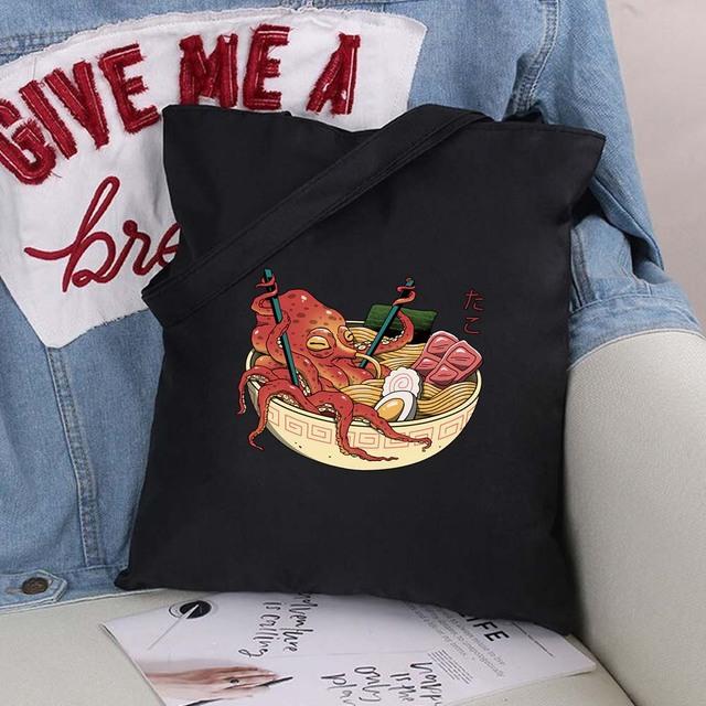 Women Shopping Bags Cute Cartoons Pattern Series Eco Shopper Shoulder Bag Fashion Black Printing Folding Handbag Canvas Tote Bag