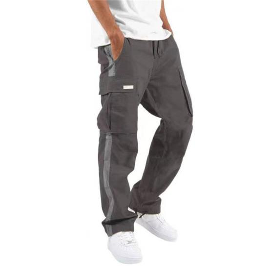 Men Pants with Multi Pockets Drawstring Elastic Waist Wide Leg Loose Cargo