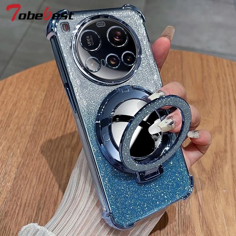Shockproof Plating Silicone Case For Xiaomi 15 Ultra Pro Glitter Mirror Magnetic Holder Stand Soft Cover
