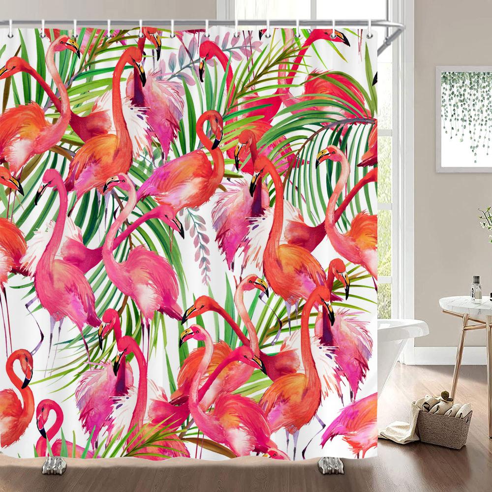 Flamingo Shower Curtain Fabric Waterproof Polyester Bathroom Curtains Pink Birds With Hooks 240X180 Decoration Bath Screen