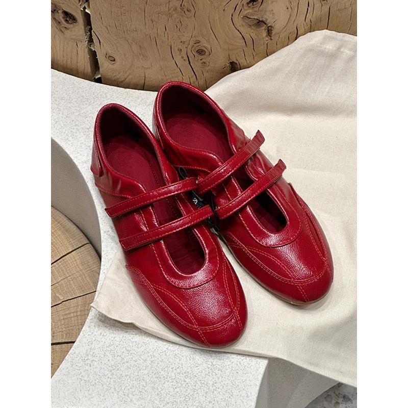 Sheepskin Edition~ Retro Red Mary Jane Shoes Women's Velcro Ballet Single Shoes Flat Casual