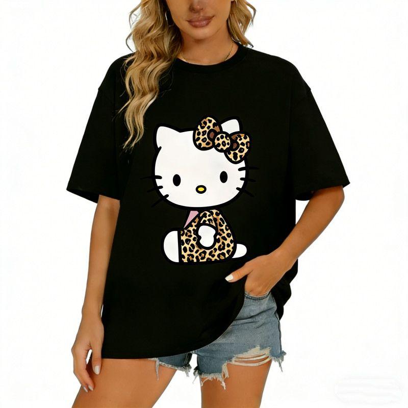 Leopard print Hello Kitty print short-sleeved T-shirt, women s summer versatile loose top XXS