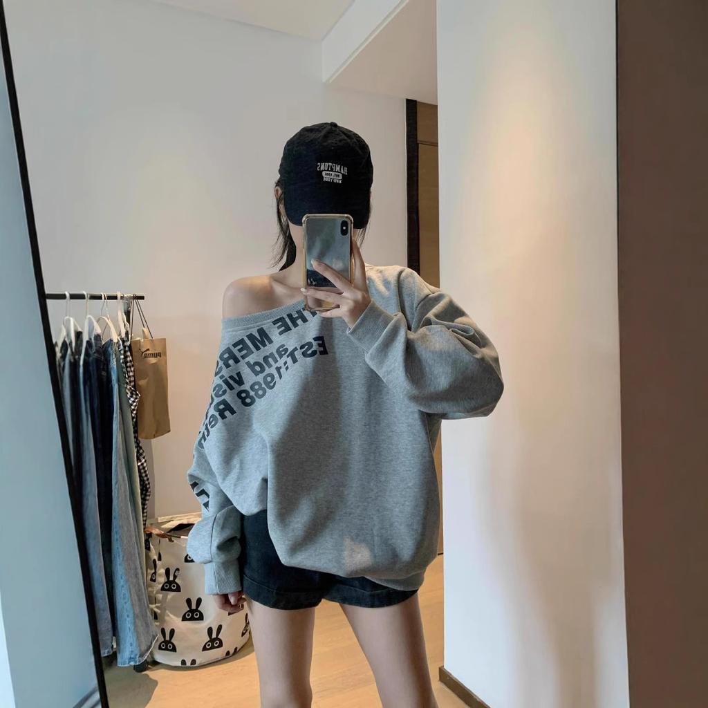 Women's Off Shoulder Long Sleeve Top Loose Fit Letter Print Retro Sweatshirt