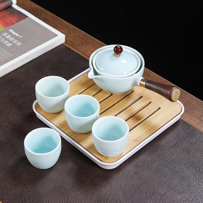 Rotating Ceramic Kung Fu Tea Set with Side Handle Filter Pot