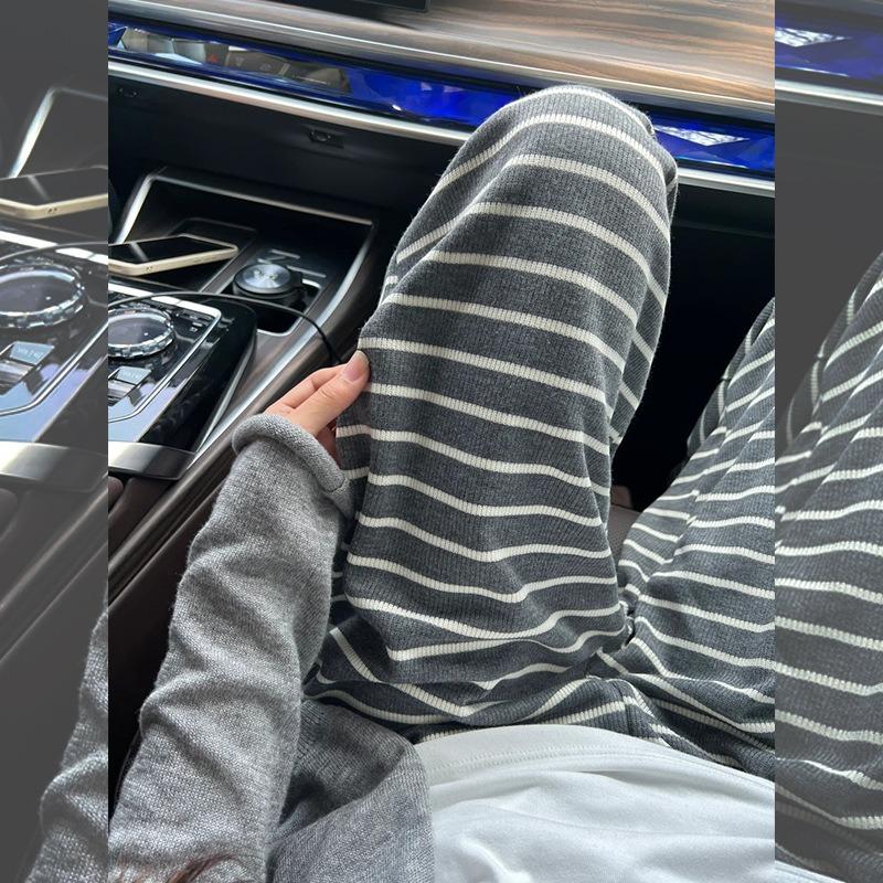 Knitted Striped Wide-leg Pants Women's Spring and Autumn New Lazy Style Loose and Thin Casual Drooping Straight-leg Pants