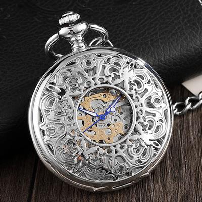 Automatické mechanické kapesní hodinky Flip Cover Trend Móda Classic Silver Roman Font Retro Závěsný řetízek duté mechanické hodinky