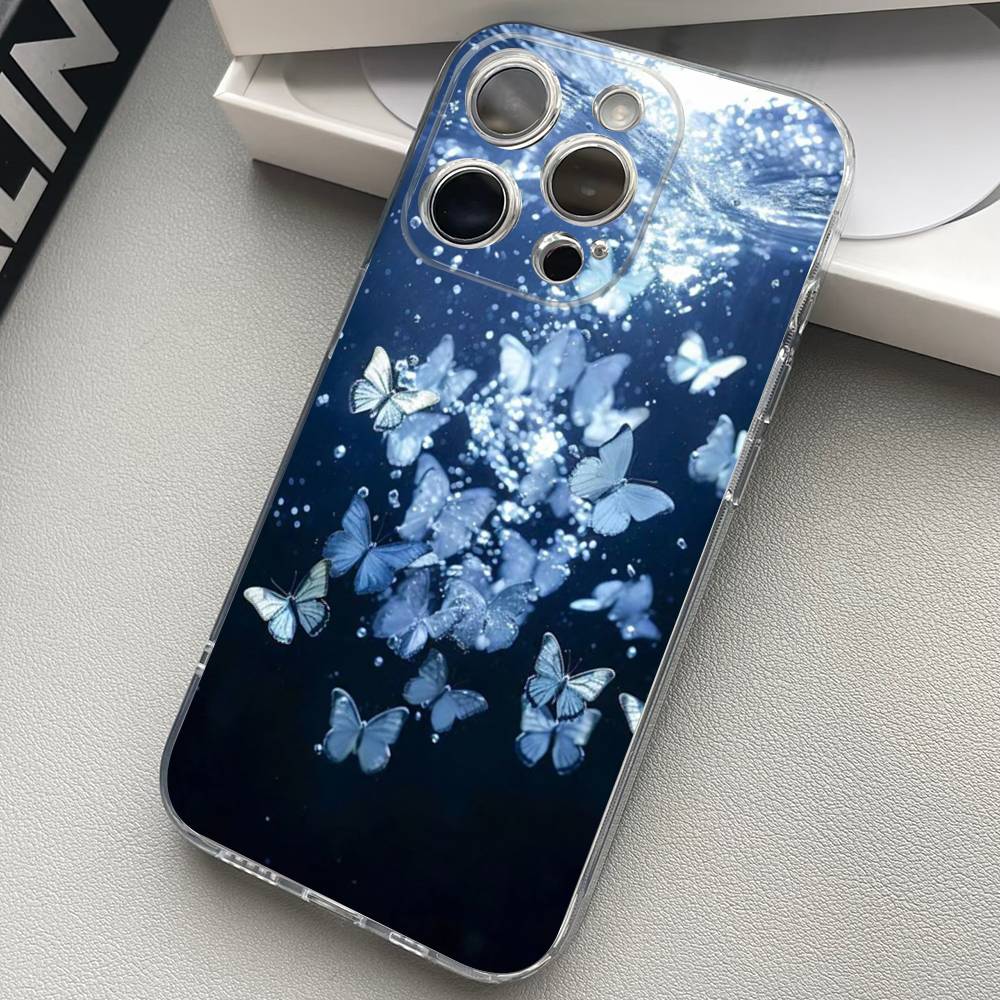 Blue Butterfly Ocean Waves Phone Case For iPhone 17 15 14 13 11 12 16 Pro Max Plus Mini Transparent Silicone Soft Funda