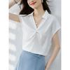 Sweet Summer New Arrival K-style Lake Blue V-neck Satin Fashion Commuter with Shoulder Short Sleeve Shirt Top Easiest for Match Female