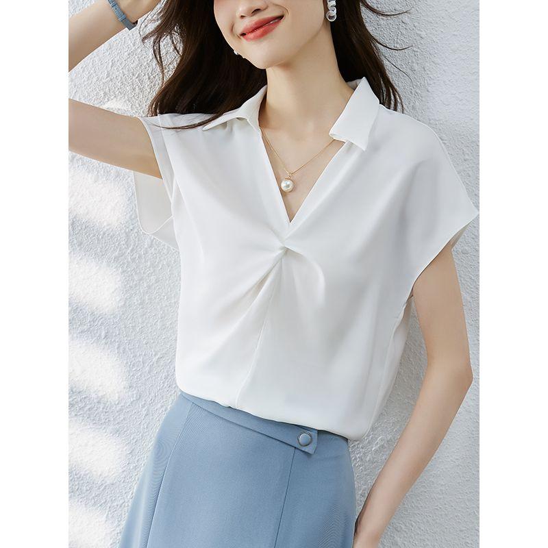 Sweet Summer New Arrival K-style Lake Blue V-neck Satin Fashion Commuter with Shoulder Short Sleeve Shirt Top Easiest for Match Female