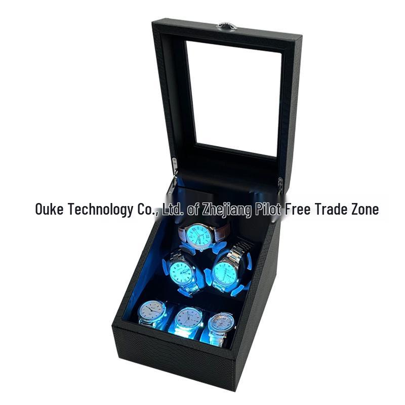 In Stock Snake Skin Leather 3-Slot Automatic Watch Winder with Lid and 3 Storage Compartments, 5-Speed.