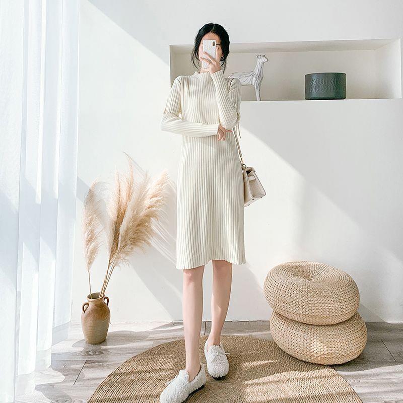 Plus-Size Women's Thickened Winter Long Knitted Wool Dress with Half-High Collar