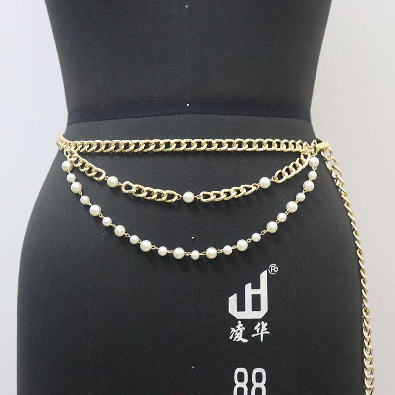 European and American fashion multi-layer metal pearl waist chain jeans long skirt with small ball pendulum chain waist women's jewelry chain