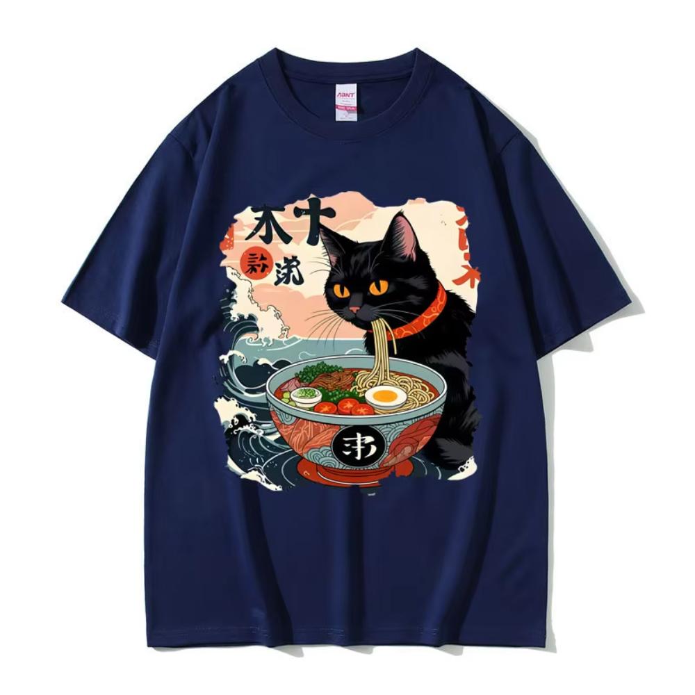 Anime Ramen Katt Rolig Meme T-shirt Vintage Japansk Kawaii Nudel Katter Grafisk T-shirt Herr Dam Mode Casual Bomulls T-shirt