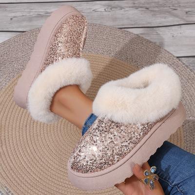 Fleece Lined Padded Warm Keeping Snow Boots Women's Winter New Sequined Short Slip-on Furry Cotton-Padded Shoes