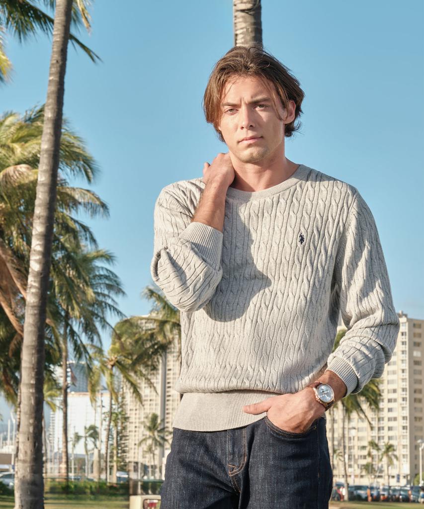 USPOLOASSN Cotton Long Sleeve Cable Round Knit_Melange Gray