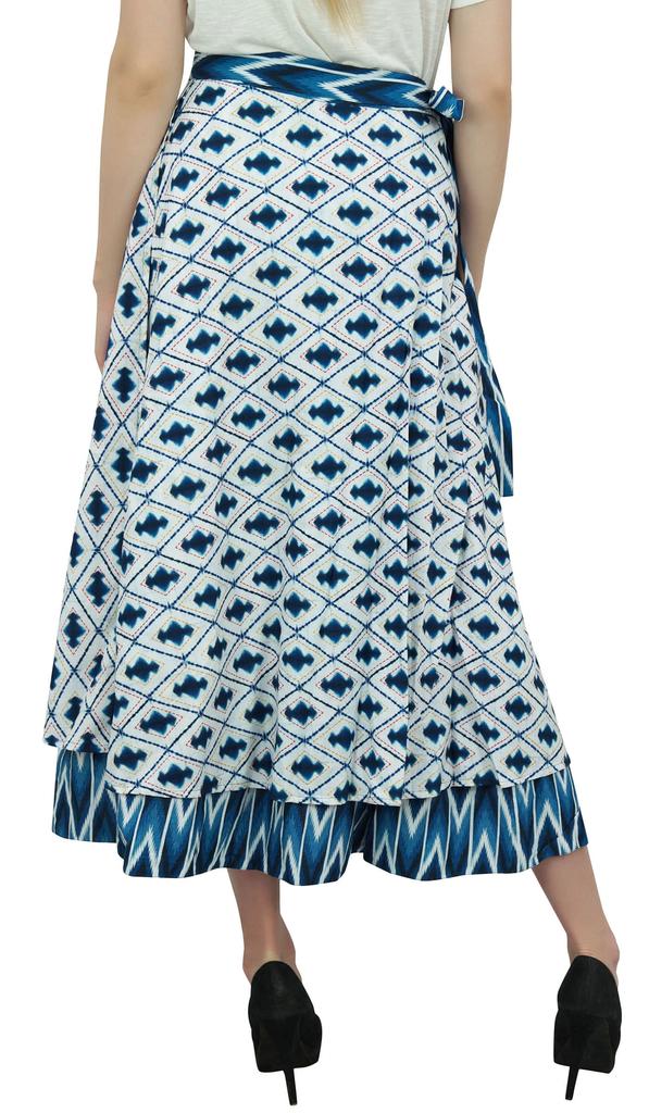 Phagun Indian Dress Reversible Ikat Printed Cotton Blue Boho Chic Wrap Skirt