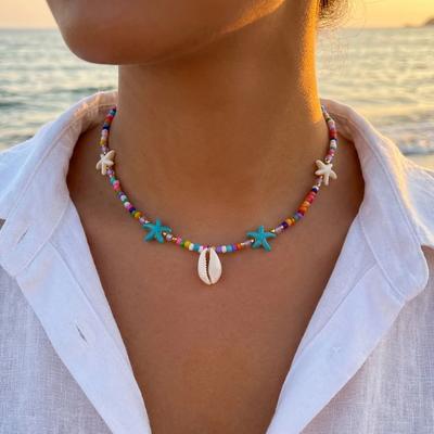 Bohemian Colorful Rice Beads Necklace for Women Sea Shell Starfish Pendant Clavicle Choker Summer Beach Party Charm Jewelry Gift