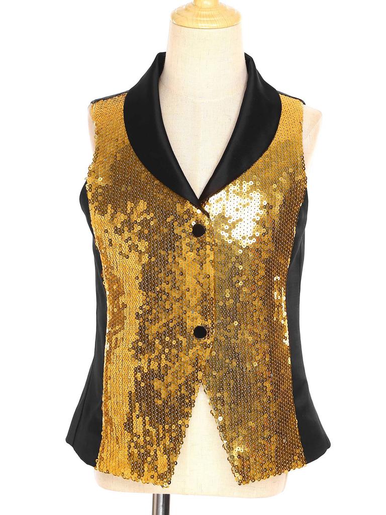 Třpytivá pódiová vesta pro dívky: Saténová vesta s kontrastními barvami, klopovým výstřihem a patentkami, Nezbytnost pro taneční kostým