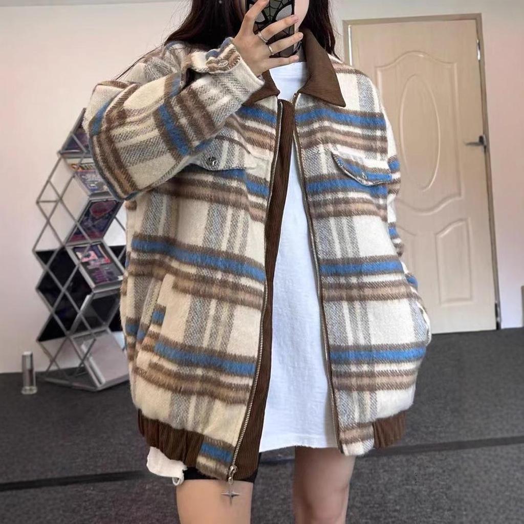 Women's Plaid Wool Coat - Loose, Casual, Versatile Jacket for Autumn/Winter 2024