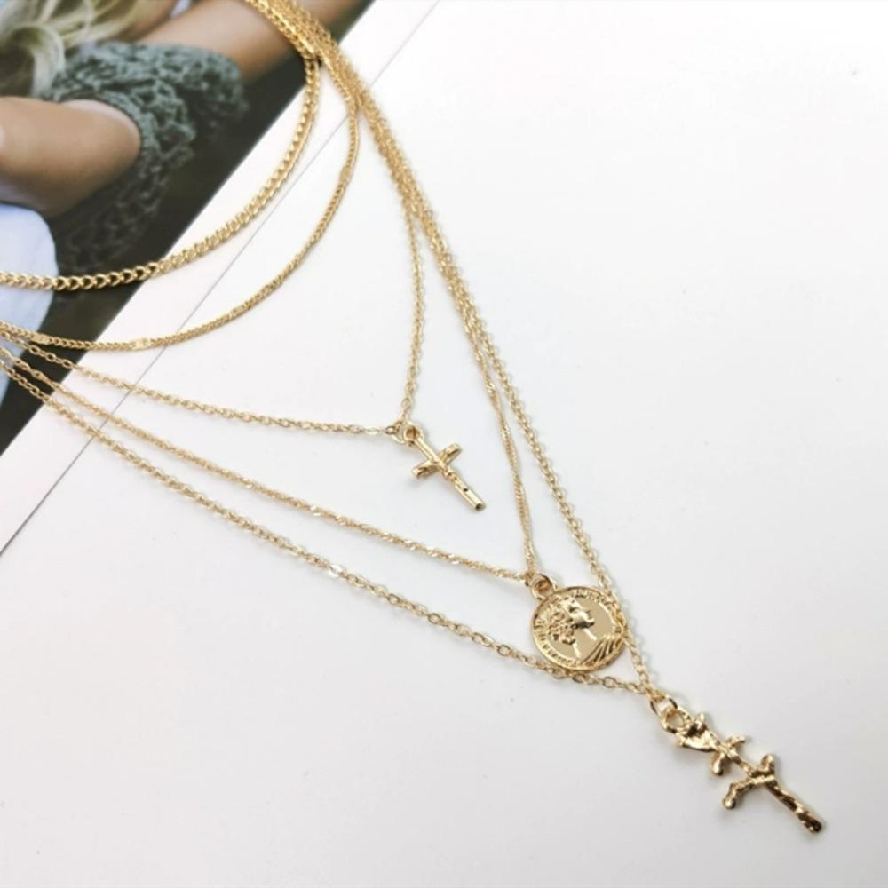 European and American Trendy Women's Multi-layer Chain Rose Necklace - Exquisite Circular Cross Pendant