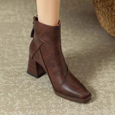 Retro braune weiche Lederstiefeletten mit dickem Absatz Neue High Heel Martin Boots Britischer Stil Kleine eckige Spitze Dünne Stiefel