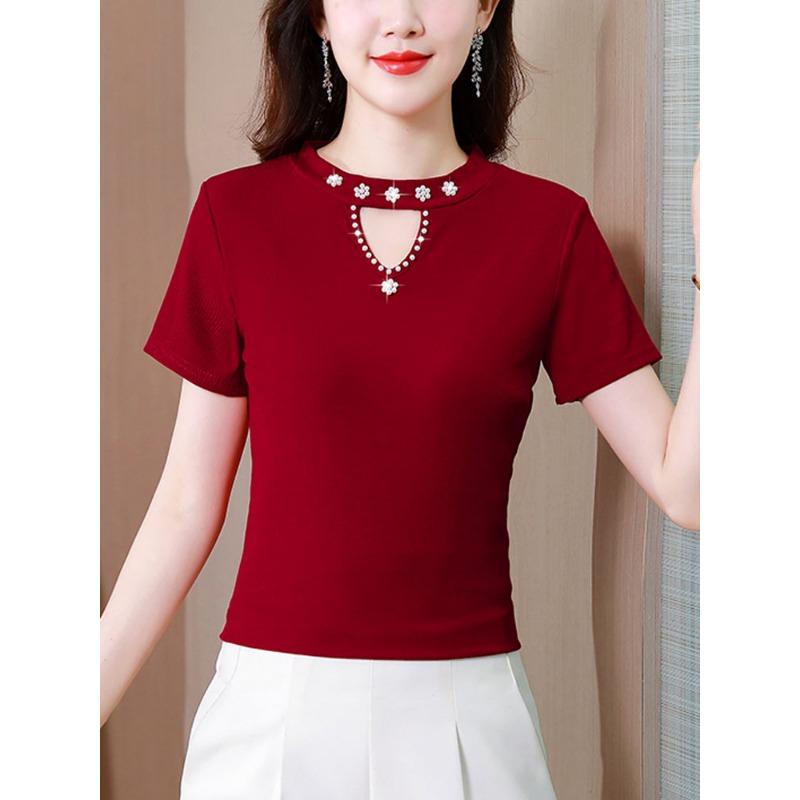 

Футболка с короткими рукавами, женская летняя рубашка, стильная утягивающая футболка с бисером и гвоздями, женская футболка с ажурным верхом 2XL бордовый