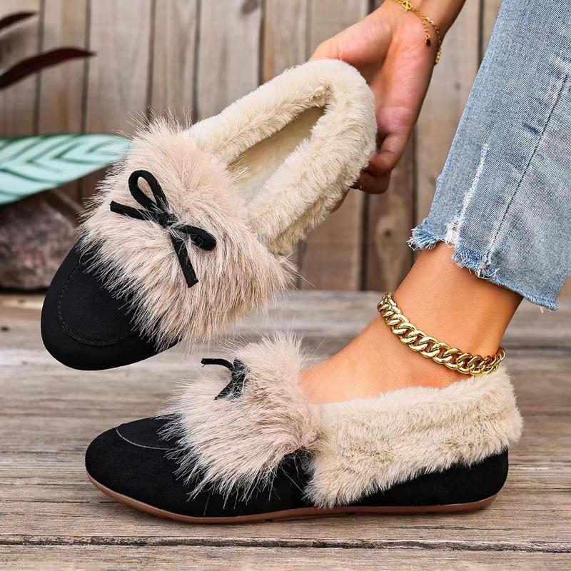 Scarpe Basse Pellicciose Stile Coreano da Donna, Mocassini Slip-On Punta Tonda con Fiocco, Scarpe Invernali Foderate in Peluche Multicolore