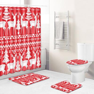 3D Digital Printing Christmas Waterproof Shower Curtain Four-Piece Bathroom Non-Slip Door Mat Toilet Absorbent Floor Mat Carpet
