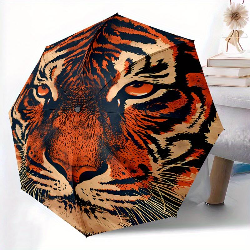 

1pc Automatic Open/Close Umbrella with Tiger Face Close-Up Pattern - Compact Travel Umbrella, Windproof 8-Rib Frame, Portable (as the picture,Iron&8K)