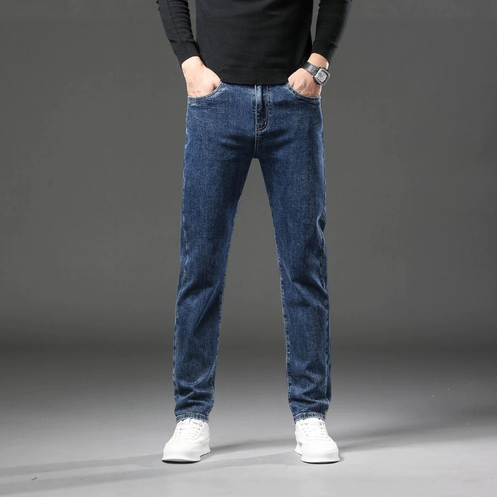 Spring and Autumn New Men's Jeans Warm Trend Versatile Elastic Slim Straight Business Men's Trousers
