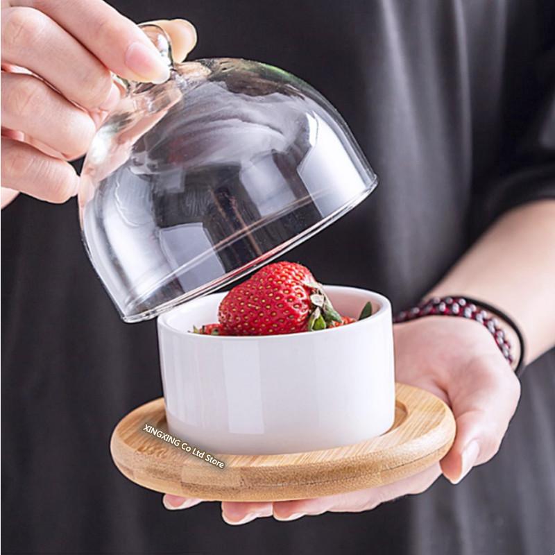 Japanese Tableware Black Ceramic Dessert Bowl Fruit Platter Creative Glass Cover Household Snack Plate Dried Fruit Cake Plate