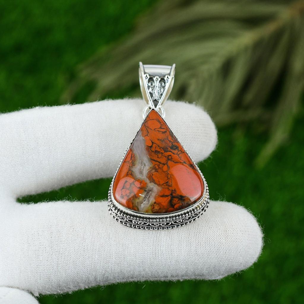 925 Sterling Silver Natural Red Snakeskin Jasper Wedding Mother Vintage Pendant