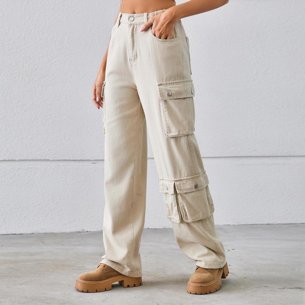 European-American Wash Denim Multi-Pocket Workwear Pants for Women