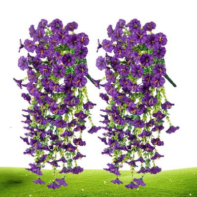 2PCS Artificial Morning Glory Hanging Flowers Fake Flower Outdoor Home Garden Wall Hanging Petunias Plants Wedding Decor