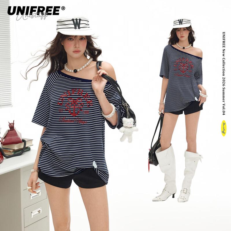 UNIFREE American Retro Striped Off-Shoulder T-Shirt L