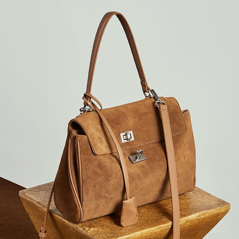 Light Luxury Imported Soft Suede Tote Bag Lazy Style Large Capacity Matte Leather Lock Kelly Bag Women's Crossbody Shoulder Bag