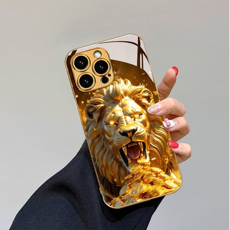 Golden Roaring Lion Pattern Gold Metallic Paint Glass Phone Case For iPhone 17 Pro Max 11 12 13 14 15 16 Plus 17 Air 16E Cover