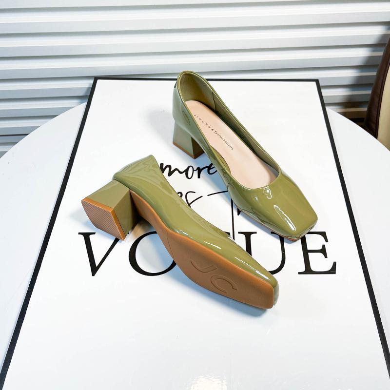 Square Head Shallow Mouth Thick Heel Single Shoes Women's New Temperament Versatile Green High Heels