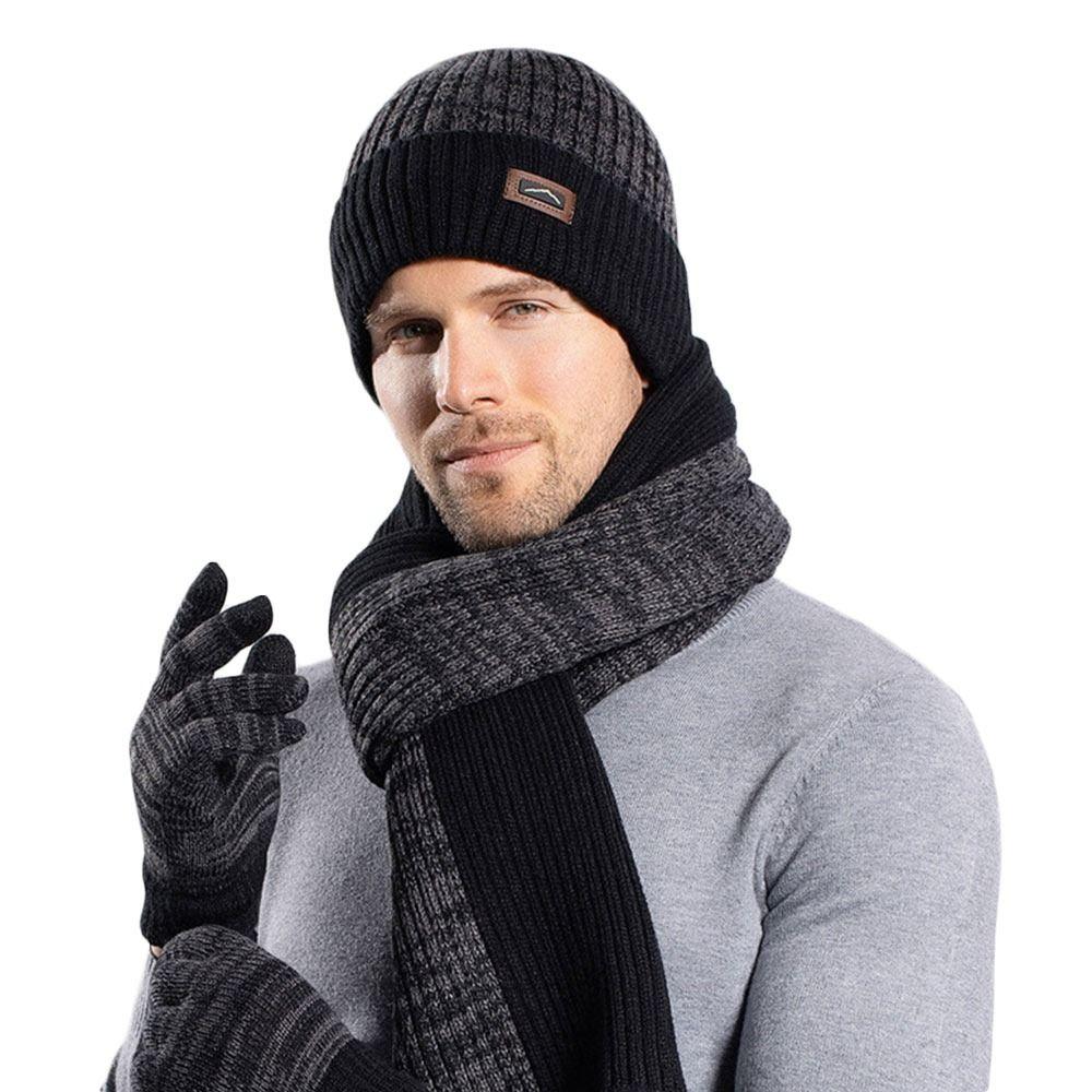 3Pcs/set Winter Warm Beanie Hat Scarf Knitted Woolen Touch Screen Gloves Windproof Outdoor Ear Protection Cap for Men Women