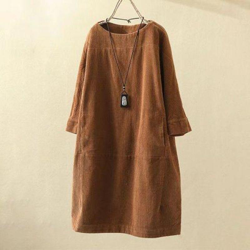 Women's Round Neck Long Sleeve Corduroy Midi Dress Loose A-Line Dress Vintage Retro Solid Color Casual Plus Size Shift Dress